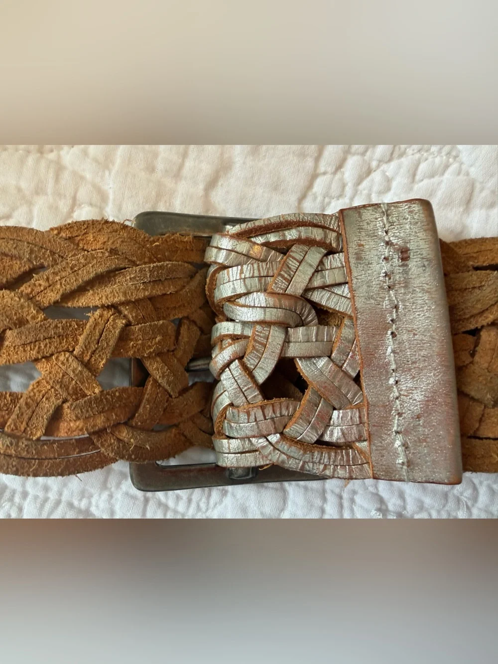 Silver leather braided belt